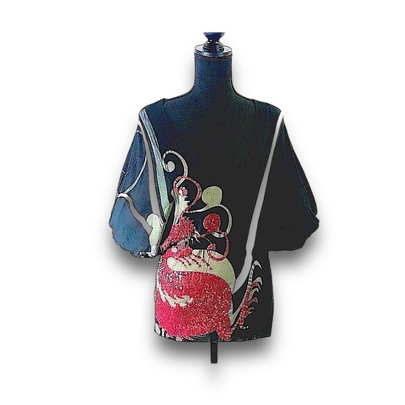 Burgundy Sequined Dragon Scoop Neck Puff Short Sleeve Top SZ S - Picture 4 of 12